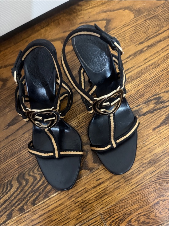 Gucci Shoes - Gucci/Black Leather/Gold FabricT-Strap Heels/Buckle @ Ankle/GOLD GG Accent! 6.5!